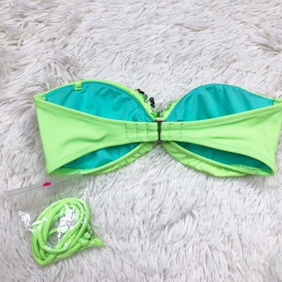 Victoria’s Secret Swim Neon Lime Green Sequin Strapless Padded Bikini Top XS - Picture 3 of 4
